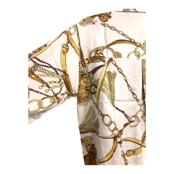 Designer look ivory satin‎ look gold chain print button down blouse top size XL - Picture 14 of 16